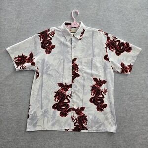 Extreme Gear Men Shirt L Gray Floral Y2K‎ Dragon Hawaiian Short Sleeve READ